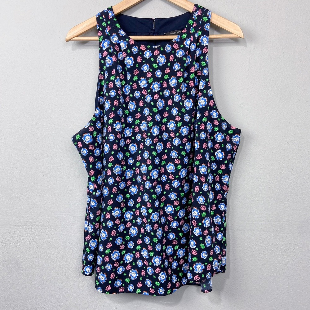 Banana Republic Floral Sleeveless Top Blouse Size XL Navy Blue Pink Twee Cottage